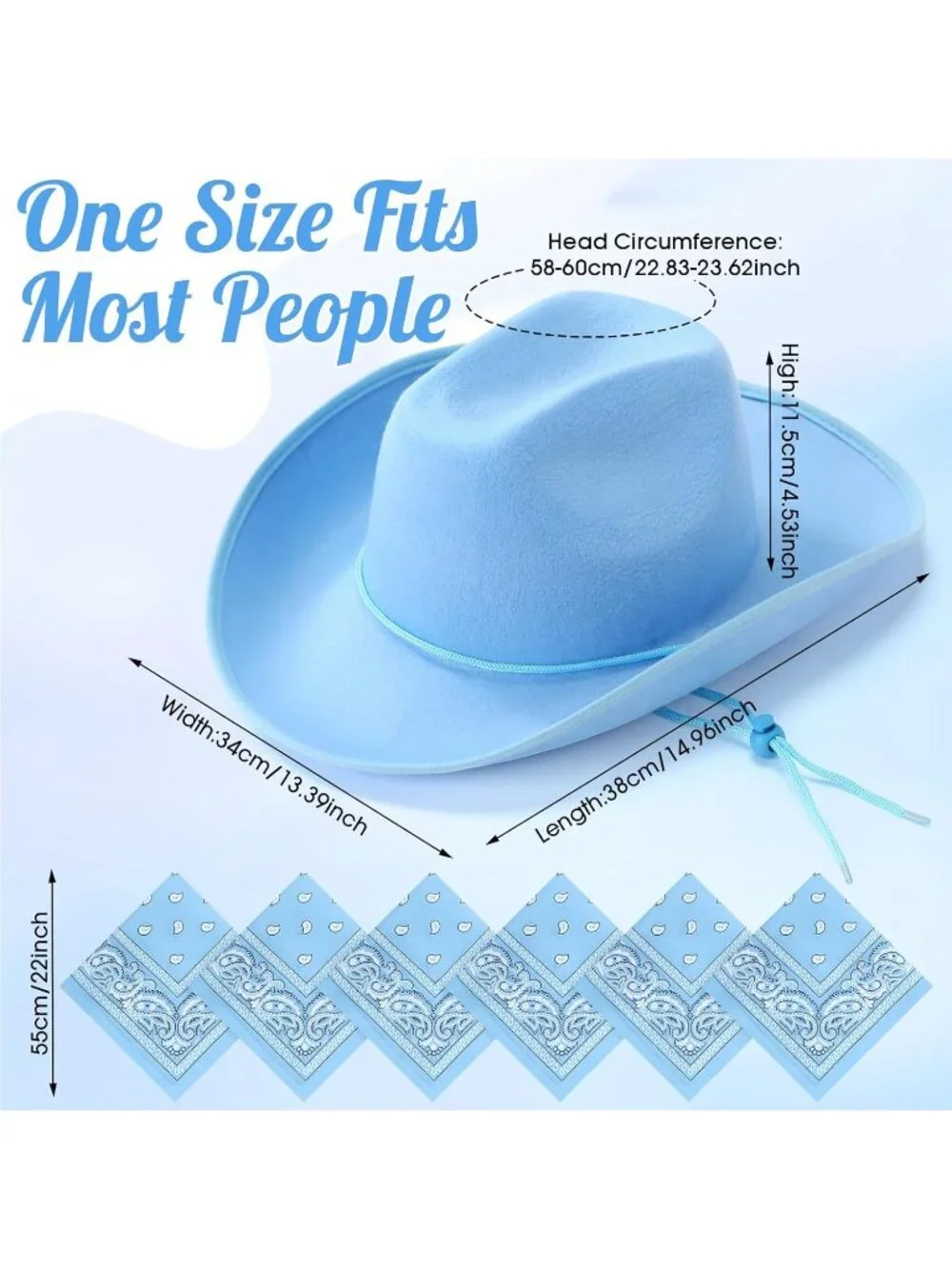 Men's Sky Blue Bandanas Bulk Adjustable Felt Western Cowboy Cowgirl Hat 12 Pcs